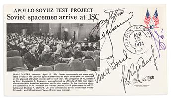 (ASTRONAUTS--APOLLO-SOYUZ.) Three First Day Covers, each Signed by members of the prime crew, the cosmonauts in Cyrillic,